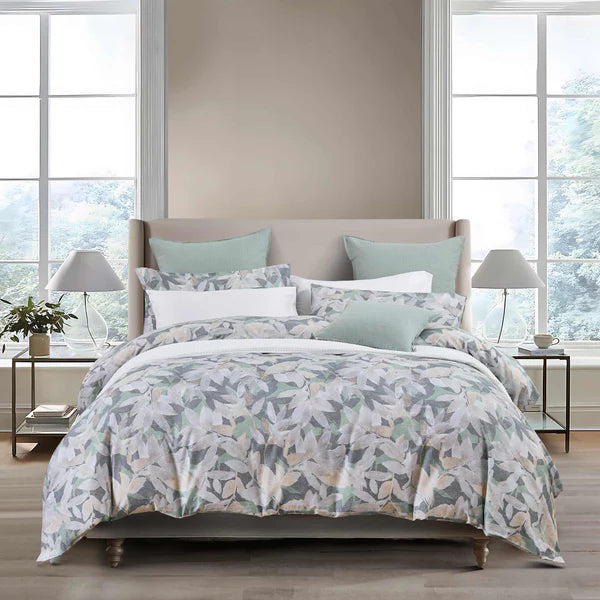 Arden Duvet Cover Set – Layered Leaf Pattern in Soft Yellow, Grey & Blue-Green, 300 Thread Count