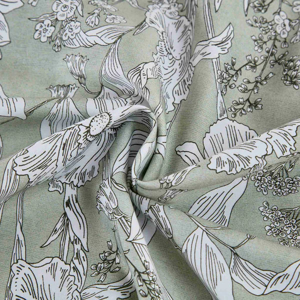 Byron Duvet Cover – White Floral Outline Detail on Textured Green Background, 300TC Cotton Sateen