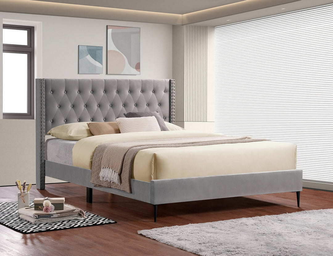 IF-5590 Grey Velvet Fabric Bed - No Box Spring Required: