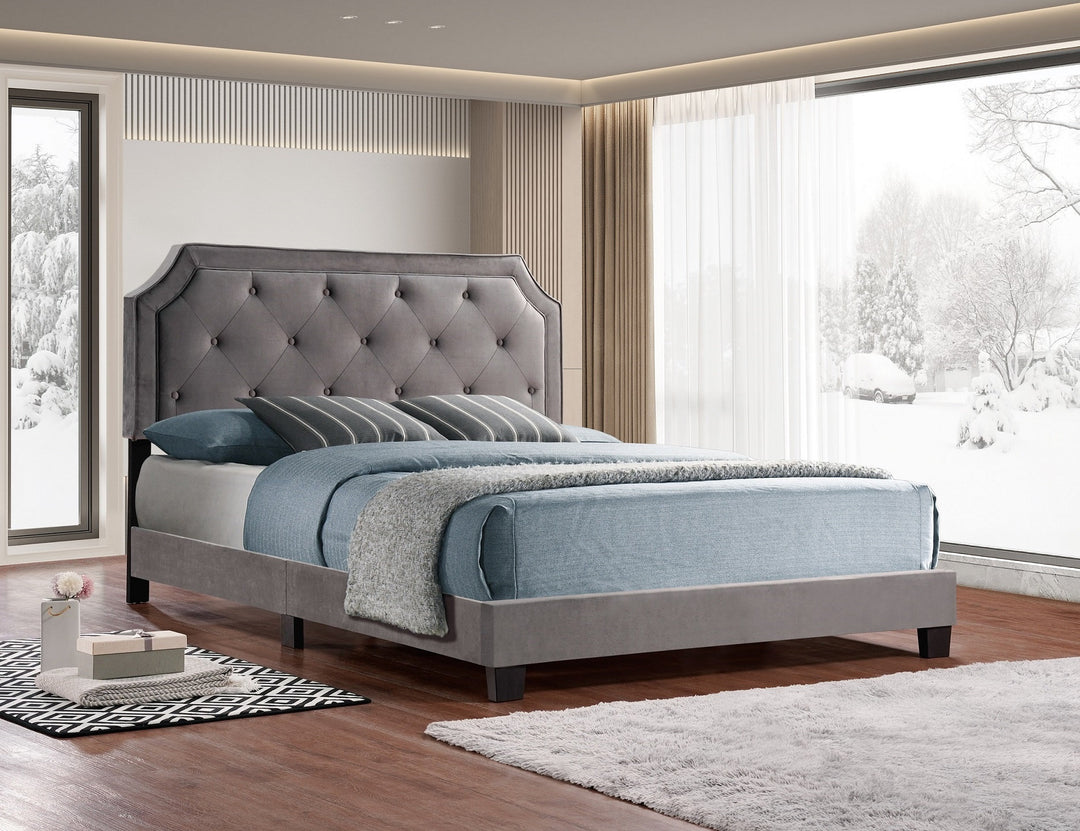 IF-5610 Grey Velvet Fabric Bed - No Box Spring Required: