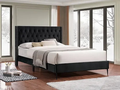 IF-5593 Black Velvet Fabric Bed - No Box Spring Required: