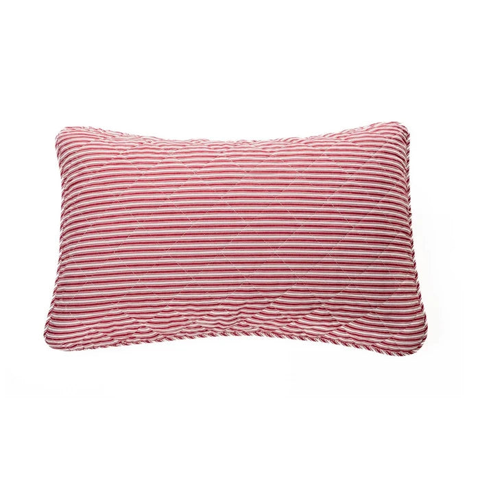 Holly red and white striped pillow sham with quilted stitching on a white background.