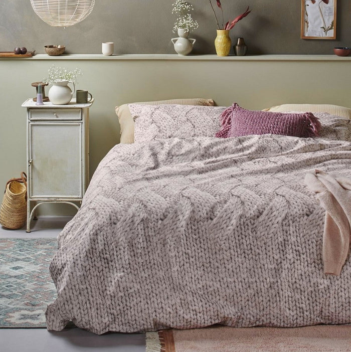 Tricot ivory and taupe duvet cover set with textured knit print - 100% cotton bedding