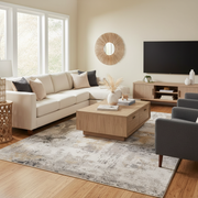 Abstract distressed area rug in cream, beige, and grey tones styled in a family room under a coffee table and sofa — modern contemporary design