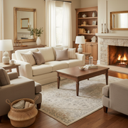 Traditional Persian geometric medallion area rug in cream, ivory, and soft grey tones styled in a family room under a coffee table and sofa — classic neutral design