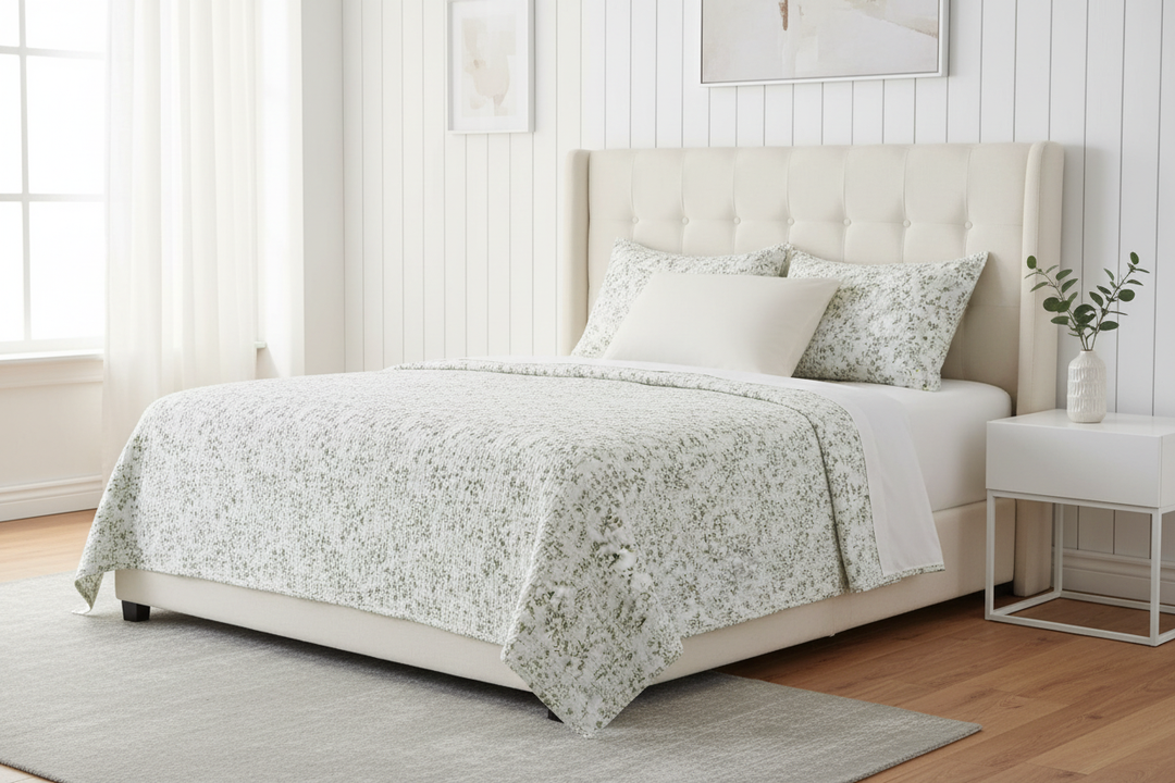 Marjolaine quilt with a sage foliage print set