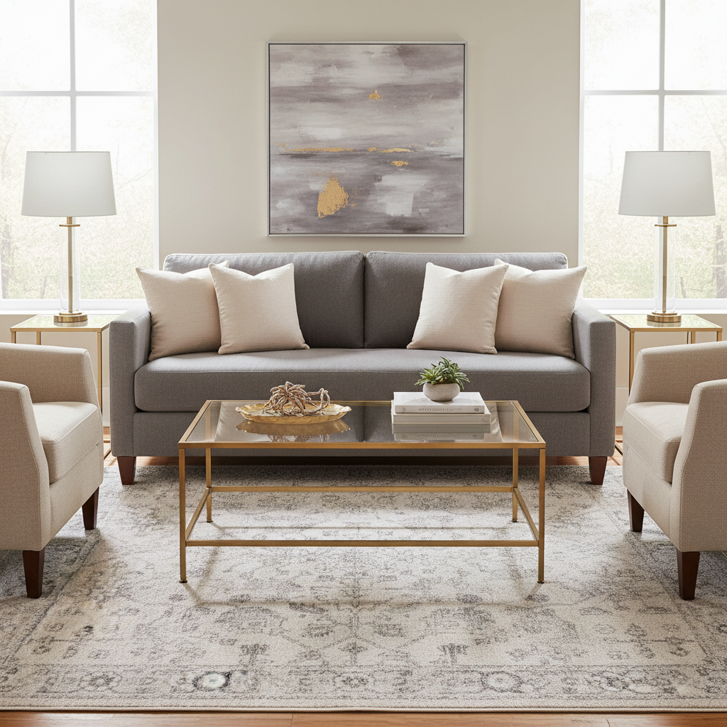 Traditional Persian floral botanical area rug in cream and charcoal grey styled in a family room with a grey sofa and gold coffee table — elegant neutral design