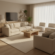 Minimalist modern arc stripe area rug in ivory and warm cream tones with raised curved radiating line pattern styled in a family room under a coffee table and sofa — contemporary Japandi design