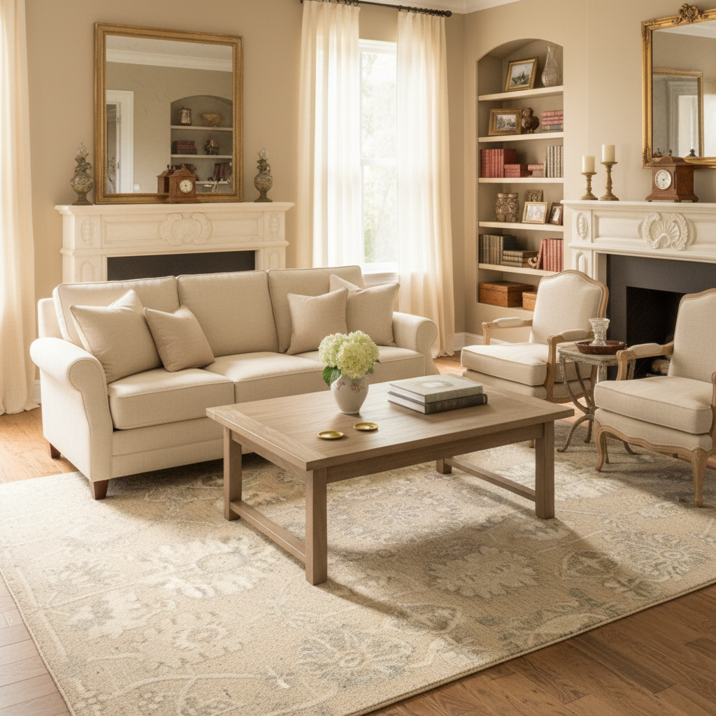 Traditional Persian floral medallion area rug in ivory, cream and soft grey tones with intricate all-over botanical pattern styled in a family room under a coffee table and sofa — classic elegant design