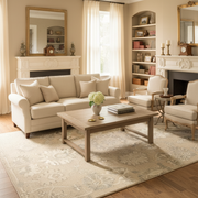 Traditional Persian floral medallion area rug in ivory, cream and soft grey tones with intricate all-over botanical pattern styled in a family room under a coffee table and sofa — classic elegant design