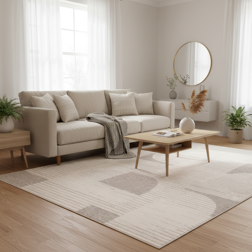 Contemporary geometric abstract area rug in cream and taupe tones with curved shapes and stripe texture styled in a family room under a coffee table and sofa — modern Scandinavian design