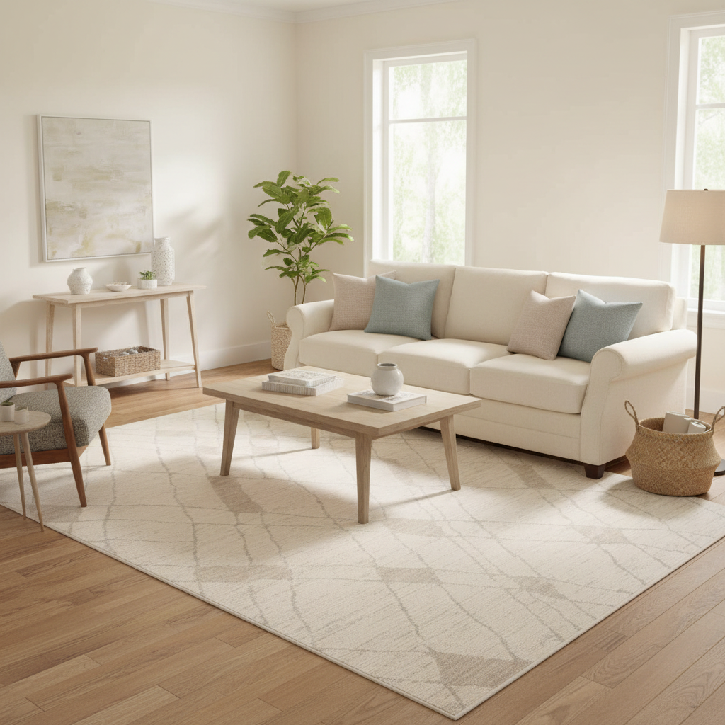Diamond lattice trellis area rug in ivory and soft beige tones with subtle geometric pattern styled in a family room under a coffee table and sofa — modern classic design