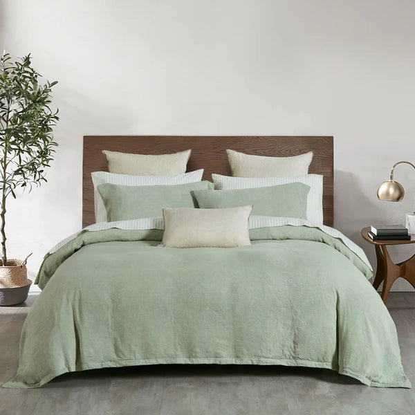 Lichen: "Vintage Touch duvet cover set in Lichen green, stonewashed 50% linen 50% Tencel blend"