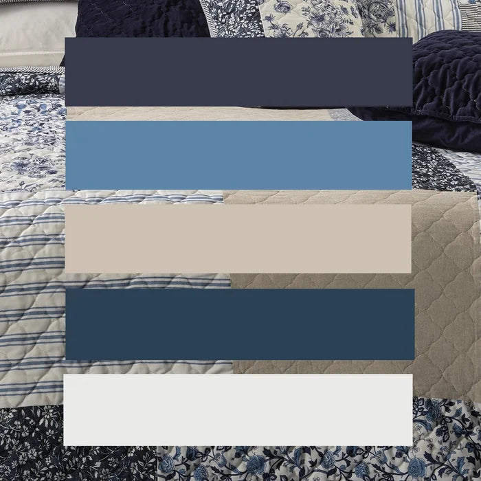 Marine Navy and White Patchwork Quilt styled on bed – Nautical Bedroom Decor