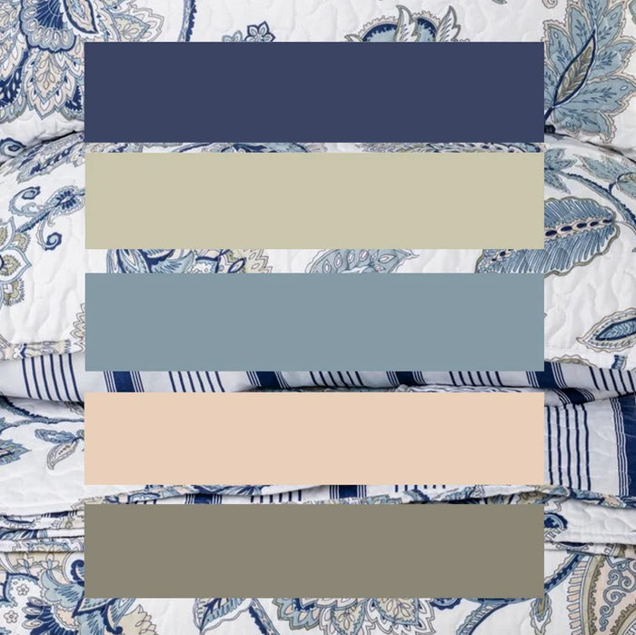 Nil navy and white quilt set styled on bed – reversible premium bedding Canada
