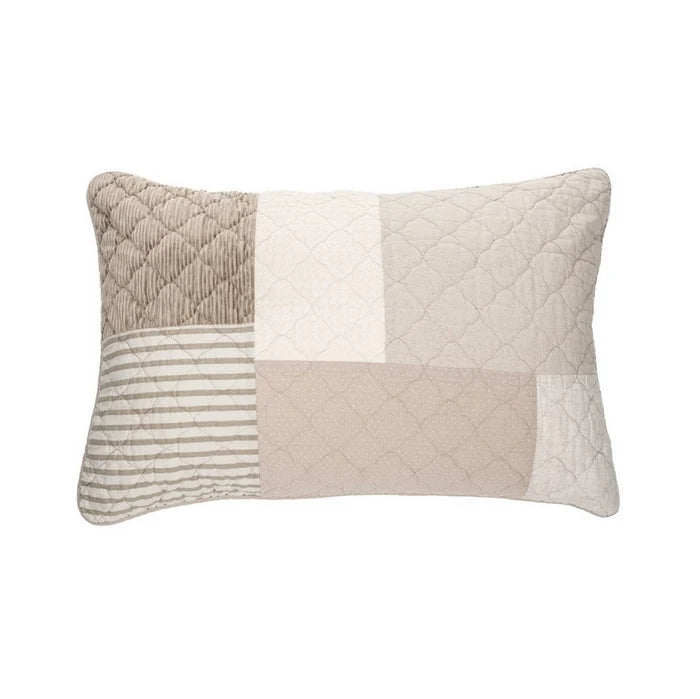 Brunelli Panorama pillow sham with natural, ivory and taupe patchwork panels and quilted stitching on a white background.