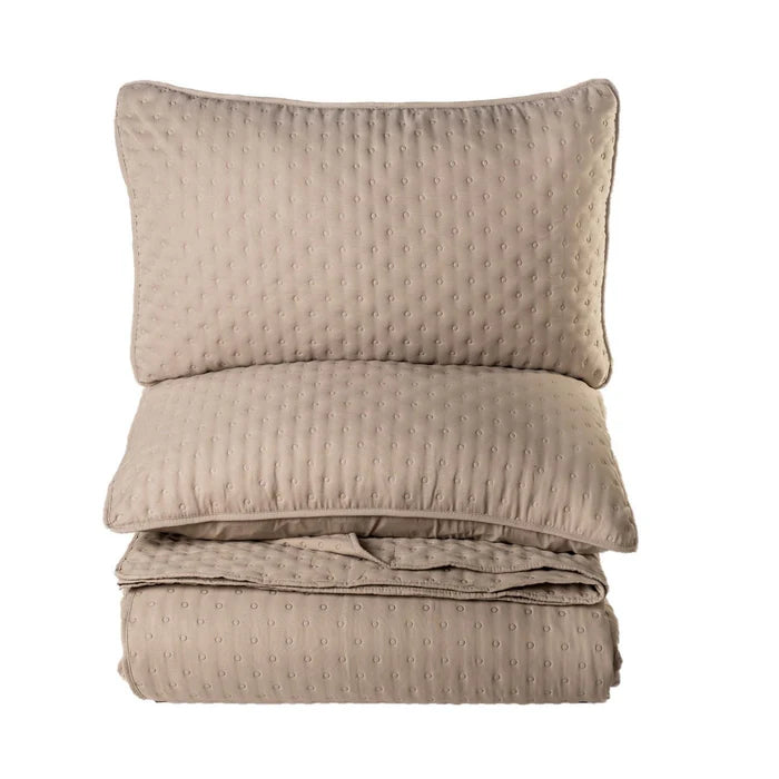 Polka Quilt Set in Taupe – Embossed polka dot microfiber, shown flat
