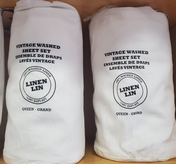 Vintage Linen Sheet Set ,100% washed Linen QUEEN OFF WHITE