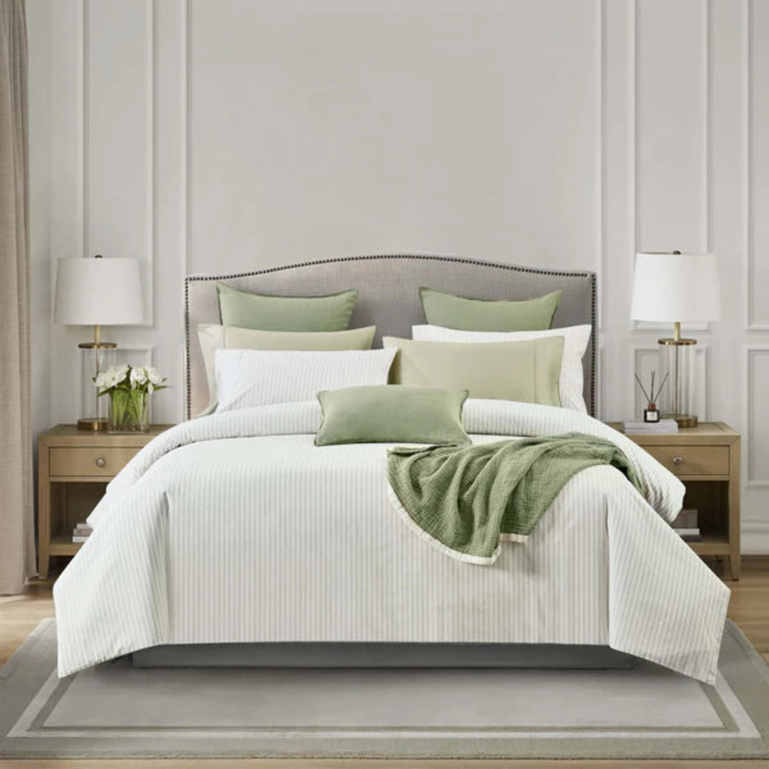 Vale Green duvet cover set with double green pinstripes on cream background, 200 thread count cotton percale