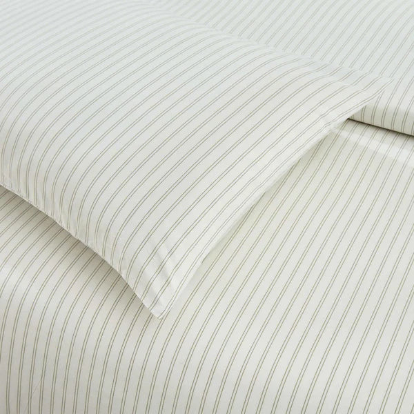 Vale Green pillowcase with housewife fold detail showing green pinstripe pattern