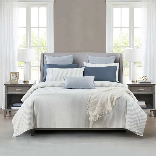 Vale Shadow duvet cover set with double blue pinstripes on cream background, 200 thread count cotton percale