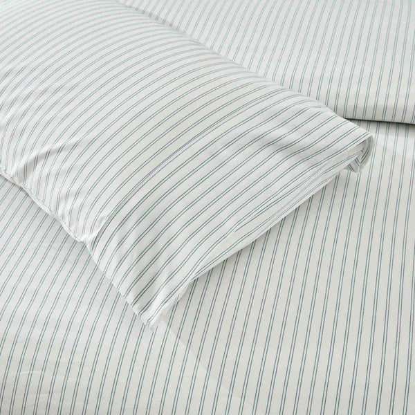 Vale Shadow pillowcases with housewife fold detail showing blue pinstripe pattern