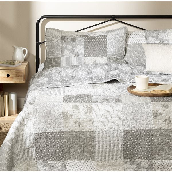 VANILLE GREY AND GREIGE PRINTED QUILT SET